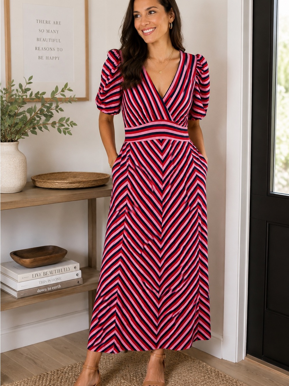 Boden Striped Puff Sleeve Midi Dress Size 4R Pink Red Navy - Picture 2 of 8